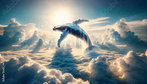 Big whale jumping out of clouds in the sky