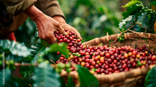 Coffee harvest is collected on the plantation. Selective focus.