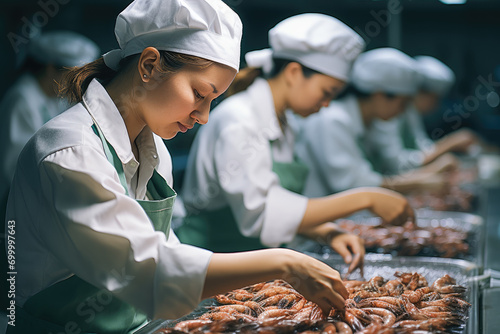 A shrimp factory workers working in a factory. Generative AI.