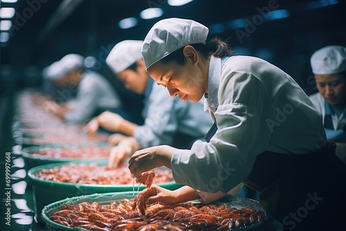 A shrimp factory workers working in a factory. Generative AI.