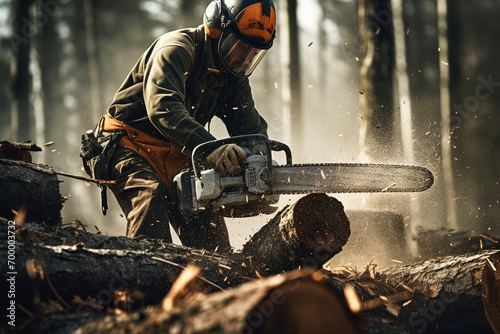 a man with chainsaw cutting wood in the wild bokeh style background