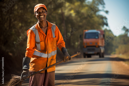 a female street sweeper worker smiling bokeh style background