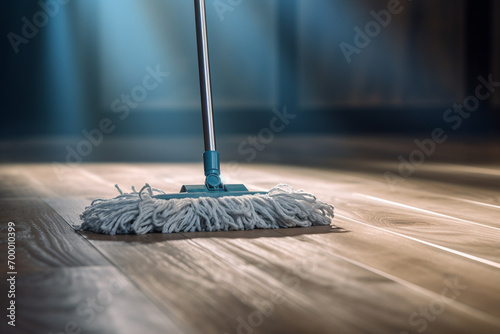 a mop putting on the wooden floor bokeh style background