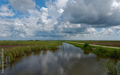 Rain Clouds forming above the Freshwater Lakes and Marshes of the San Bernard national Wildlife Refuge on the Gulf Coast of Texas.