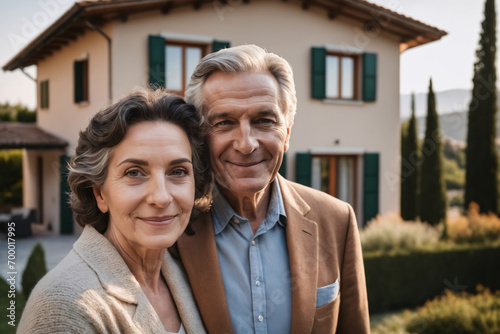old italian couple standing in front of modern detached italian house, italy, eco-friendly house, eco house, beautiful garden, buying new house, real estate, mortgage loan