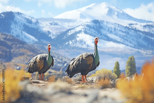 wild turkeys roaming near a mountain backdrop