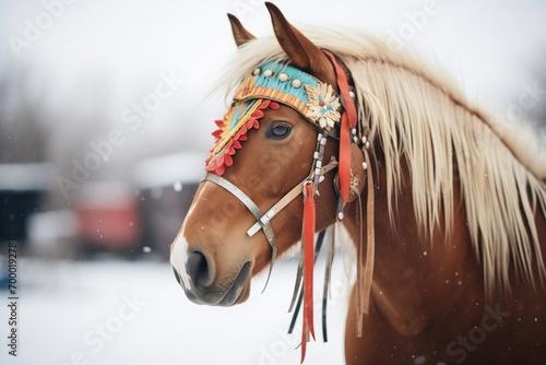 horse with plume headdress by sleigh