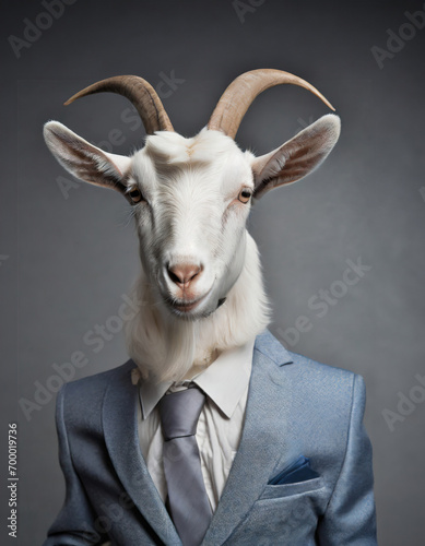 Anthropomorphic white male goat dressed in a business suit in the style of corporate photography over grey background