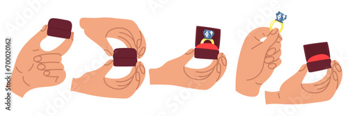 A set of marriage proposals, vector illustration of a flat design. A man in different hand positions makes an offer with a ring. Makes a marriage proposal. One man's hand holds a box with a ring