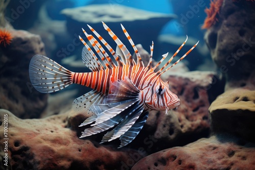 lionfish with extended pectoral fins among rocks