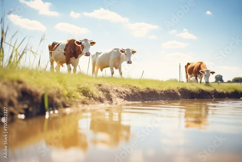 cows drinking from a pond under the midday sun