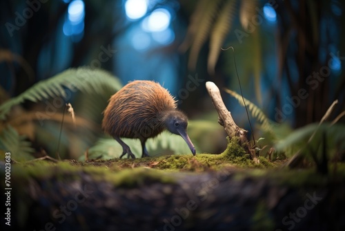 kiwi bird on forest floor at dusk