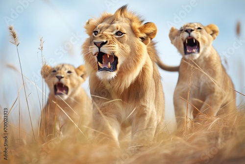 lion teaching cubs to roar on a dry grassy hillock