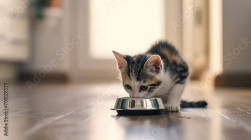 Cute little grey kitten eating from pet bowl on floor in the minimal kitchen interior, copy space. Food for domestic cats, dry pet foods.