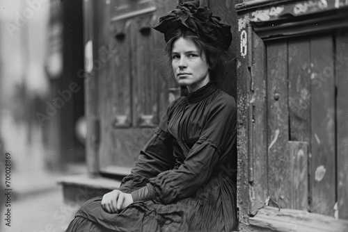 Beautiful young woman in a black dress and a hat sits on the steps of an old house. Old black and white street portrait photographs from the 19th century.