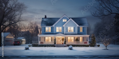 Beautiful home in the northeast, white exterior fully-illuminated windows, wide whole-home view with a neighborhood in background, snow, blizzard, snow falling