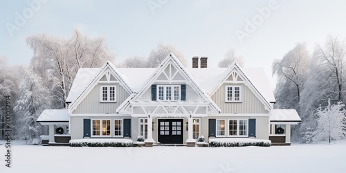Swedish-hygge-modern mansion, snowy, cozy, windows, house facade photo copy space 