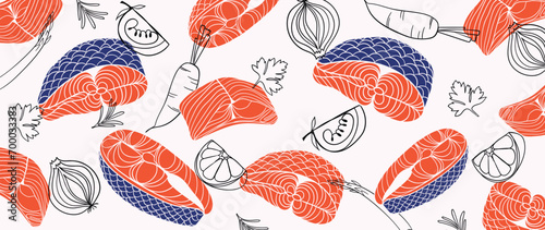 Salmon steak pattern texture background vector. Abstract salmon meat on light background with stripes salmon, lemon, carrot. Design illustration for Japanese Restaurant, website, banner, packaging.