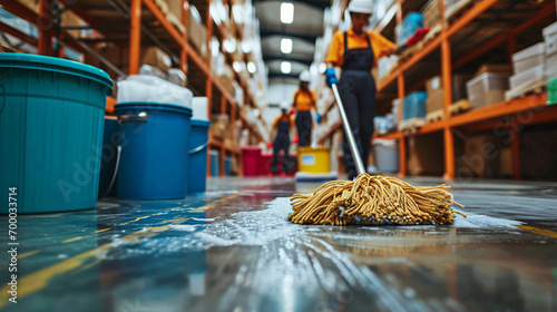 Cropped shot of janitors cleaning warehouse floor