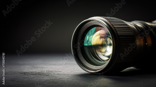 Cropped Close-up of Lens Reflections on a black background with copy space. Mirror optics for professional photo and video shooting, SLR camera.