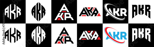 AKR letter logo design in six style. AKR polygon, circle, triangle, hexagon, flat and simple style with black and white color variation letter logo set in one artboard. AKR minimalist and classic logo