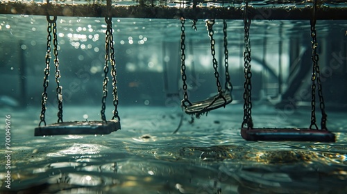 children's playground underwater, with swings and slides peeking through, symbolizing interrupted innocence