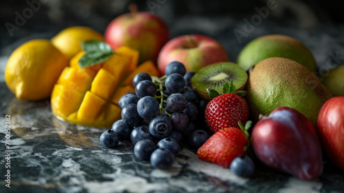 Vibrant Assortment of Fresh Fruits. SHallow depth of field. Strawberry, blueberry, mango and fruits. Healthy lifestyle. Wellness concept