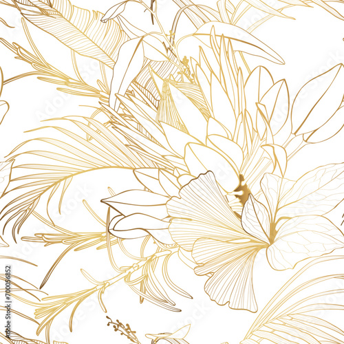 Luxury gold nature background. Floral seamless pattern, Golden exotic flowers, line arts illustration.