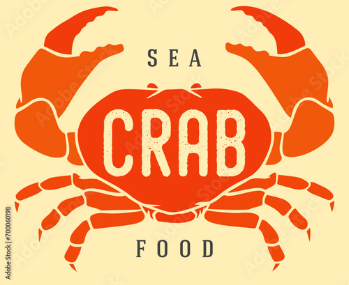 Color crab in cartoon hand drawn retro style. Realistic vintage silhouette sea animal. Design element for branding restaurant, shop. Sketch vector illustration.