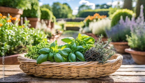 Fresh herbs in a wicker basket. A garden in the background