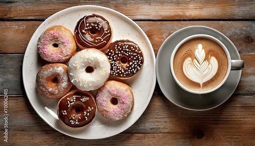 Donuts with icing and chocolate and cappuccino coffee in a cup