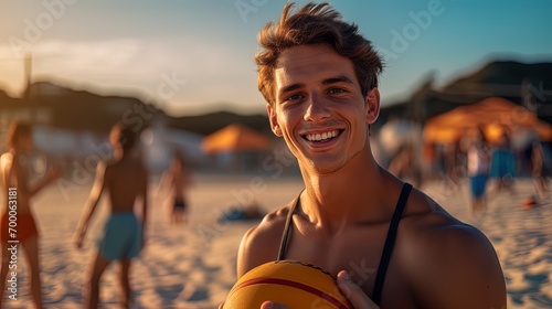 A boyfriend on the beach with a game of volleyball and beach accessories