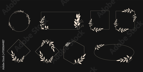 Wedding logo. Minimalistic geometric floral empty frames. Calligraphic round or square shapes with branches and flowers. Elegant herbs or blossoms. Vector botanical outline borders set