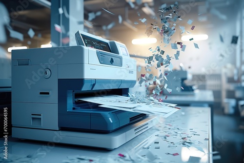 A high-tech office printer with paper sheets flying out. Generative AI.