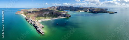 aerial sunset view of turquoise and green sea of wild mexico baja california panorama landscape