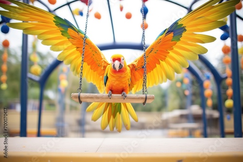 sun conure flapping wings on a swing in aviary