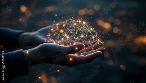 Abstract palm hands with global network connections, innovative technologies in the field of science and communication, Hand holding flying earth network global connection concept