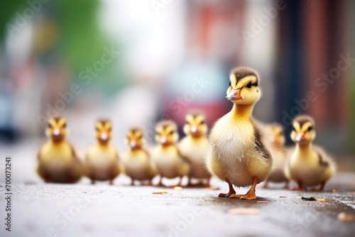 row of ducklings behind mother