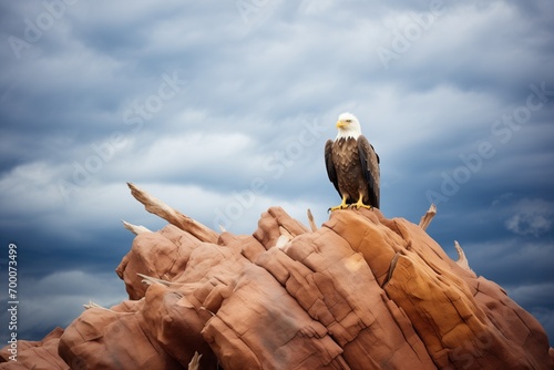 stately eagle on quartzite outcrop, storm brewing