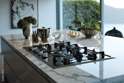 Extractor hobs at modern kitchen on white marble table. Generative AI.