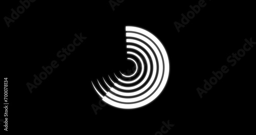 Circles of white animating in and out on a black background. Concept of consistency and discipline 2D clean embossed glowing simple circle motion graphic asset. Surreal spiral geometry circle bg.