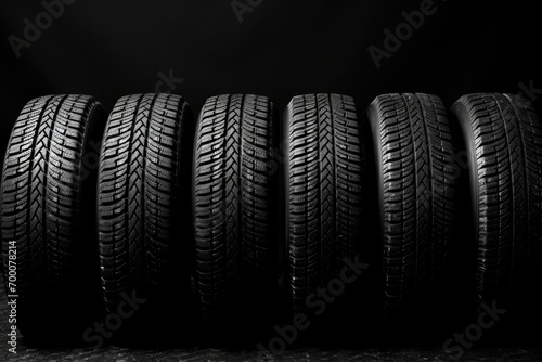 Winter studded tires and velcro tires line up on a black backdrop.