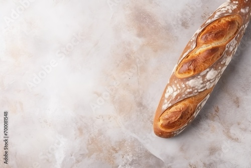 Empty space for text on top view of a sourdough baguette on a marble table.
