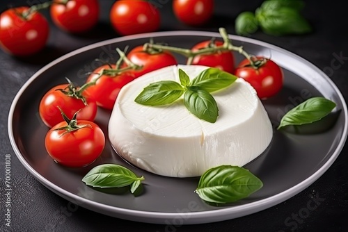 Serving of Italian Mozzarella di Bufala Campana paired with basil and tomato