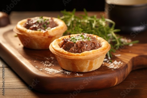 Closeup of a rustic style Australian mini meat pie on a wooden board with table background ready to eat and copy space available