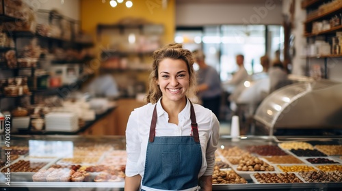 Portrait of a smiling confectionery owner. Ai generative
