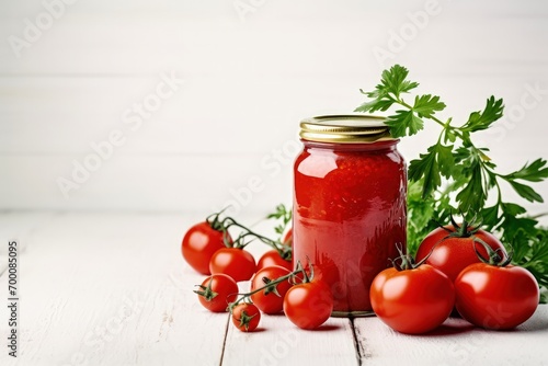 Fresh tomatoes and tomato paste in glass jar on wooden table