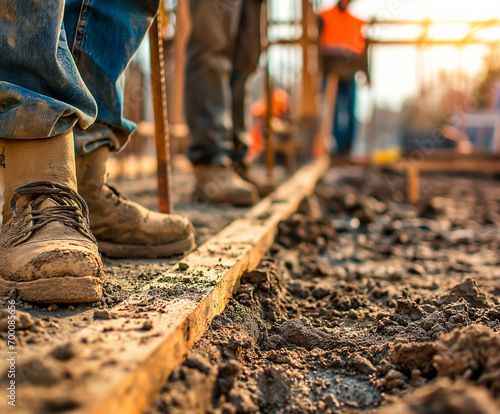 Close-up of work boots on construction site, workers in background. 