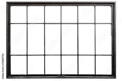 modern black window frame with a grid-like structure and square panes. The window is made of thin yet sturdy looking metal bars creating the squares