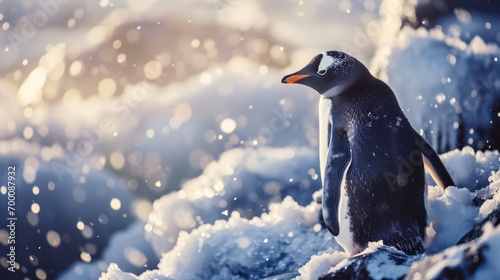 Close-up Penguins in their habitat captured through animal photography in a winter landscape. 